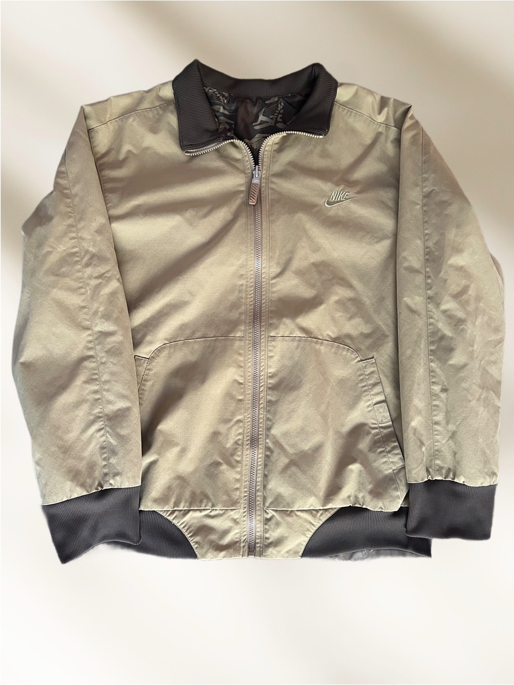 Y2K Reversible Nike Tan Bomber Jacket with Brown Trim